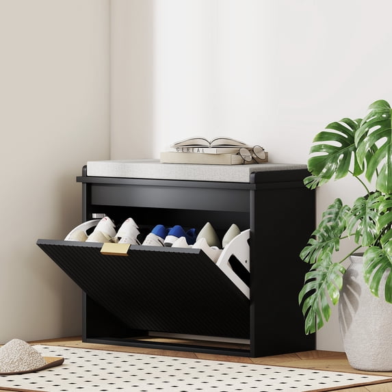 HOMCOM Shoe Bench with Padded Seat Cushion and Flip-Drawer, Entryway Bench Holds up to 265lb, 24.4x10.2x18.7 Inches, Black