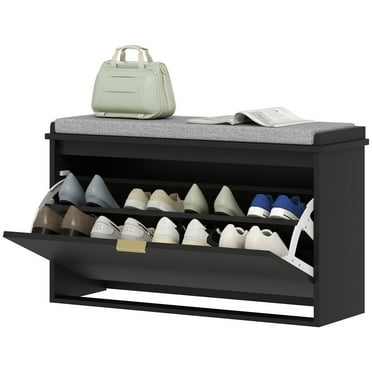 HOMCOM Shoe Bench with Padded Seat and Flip-Drawer for 8 Pairs, Black