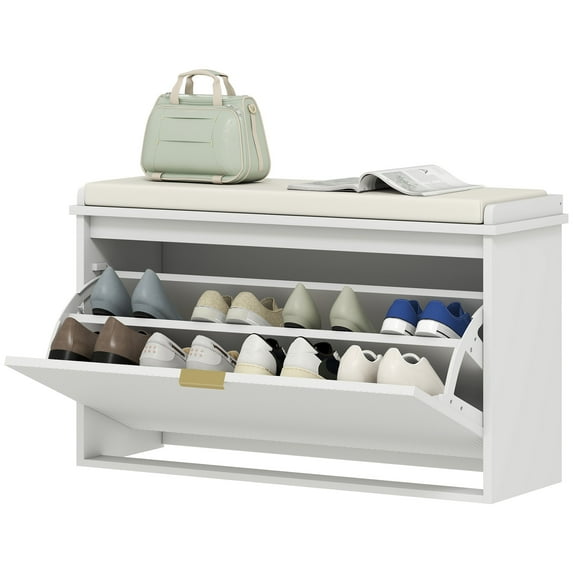 HOMCOM Shoe Bench with Padded Seat and Flip-Drawer for 8 Pairs, White