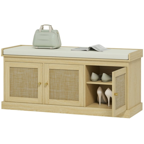 HOMCOM Shoe Bench with Rattan Doors, Cushion, Entryway Shoe Storage, Oak
