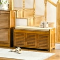 thumbnail image 1 of HOMCOM Shoe Bench with Storage Cabinets, Bamboo Entryway Bench with Seating Cushion, 3 Doors and Hidden Compartment for Hallway, Brown, 1 of 9