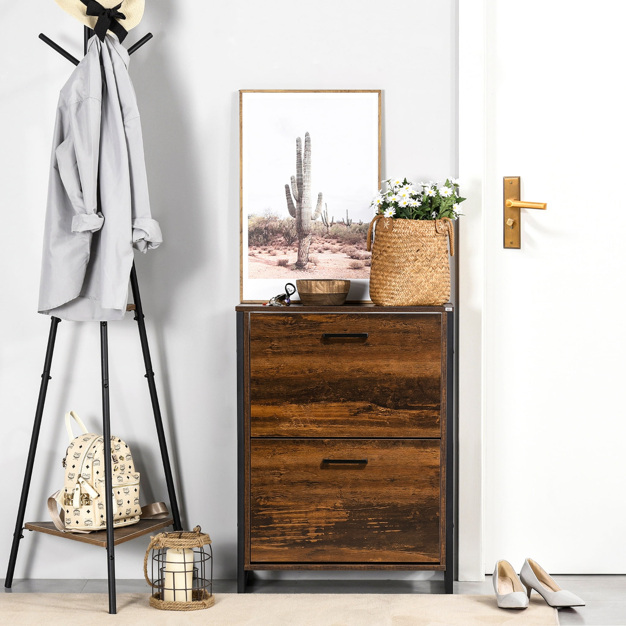 Rustic Brown Wood and Metal Slim Shoe Cabinet with 2 Flip Doors