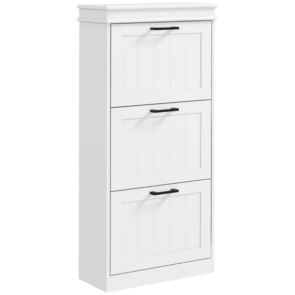 HOMCOM Shoe Cabinet for Narrow Entryway, 3 Flip Drawers Shoe Rack Storage Organizer with Adjustable Shelves for 15 Pairs, White MDF