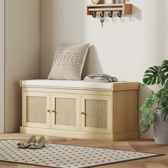 HOMCOM Shoe Storage Bench with Woven Rattan, Shoe Bench with Cushion, Adjustable Shelves, Entryway Bench for Bedroom, Living Room, Oak Tone