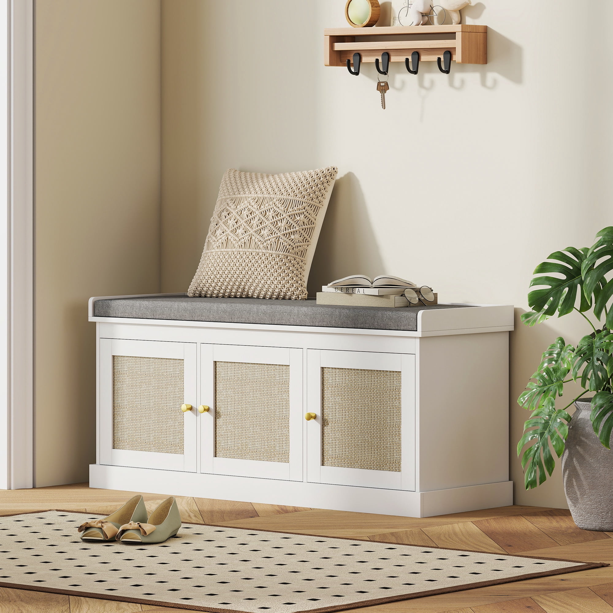 HOMCOM Shoe Storage Bench with Woven Rattan, Shoe Bench with Cushion, Adjustable Shelves, Entryway Bench for Bedroom, Living Room, White