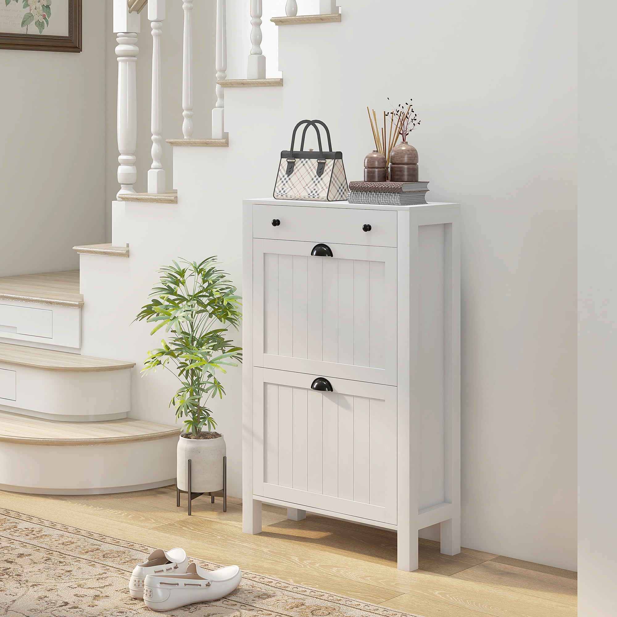 White Wood Shoe Storage Cabinet with Flip Drawers and Top Drawer