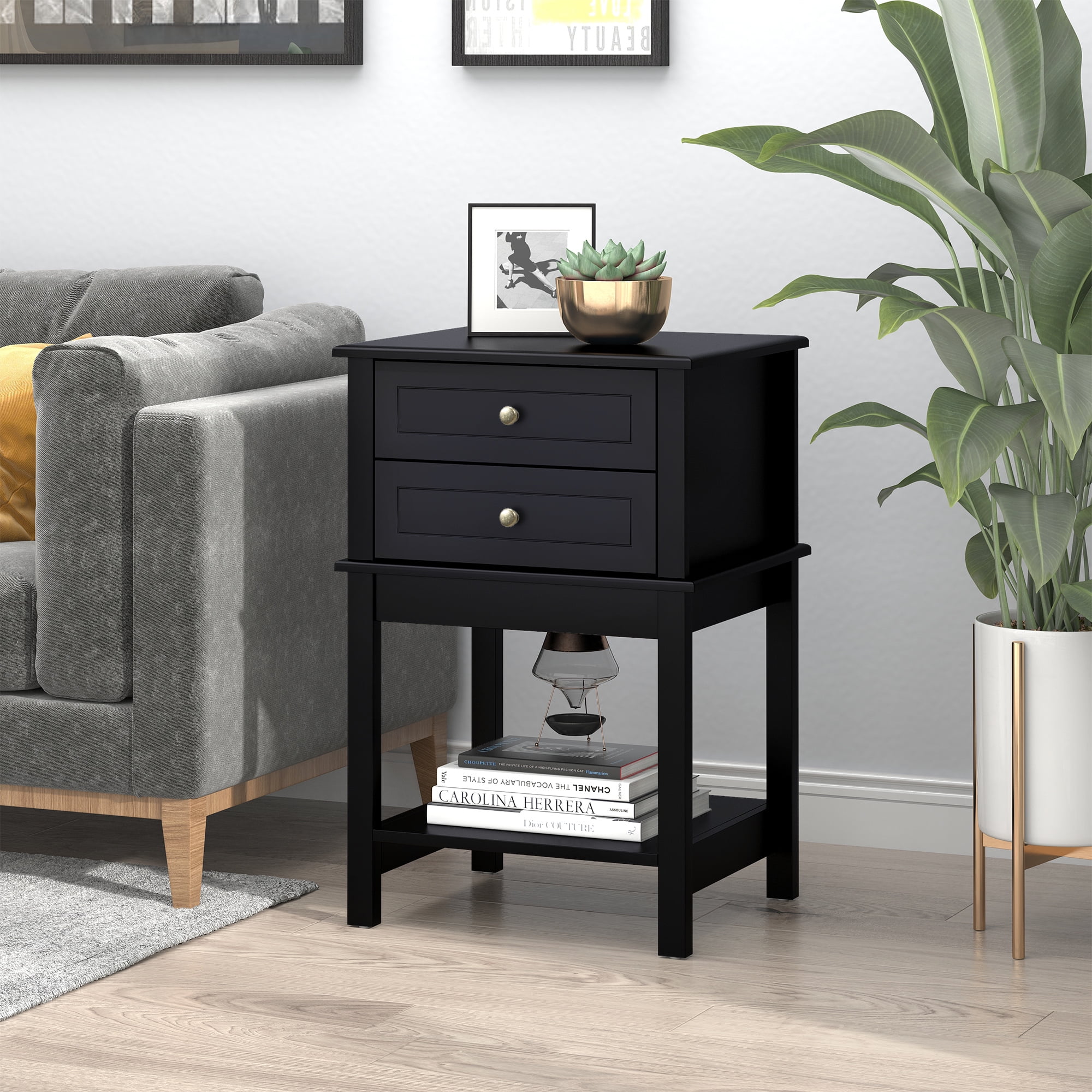 Modern Black Wood Side Table with Dual Storage Drawers and Shelf