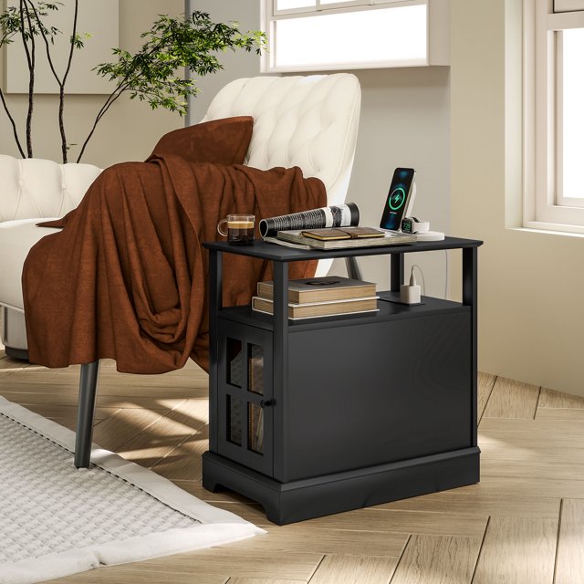 Side Table with Charging Station, Narrow End Table with USB