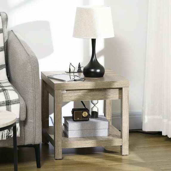 HOMCOM Side Table with USB Charging Station, Gray