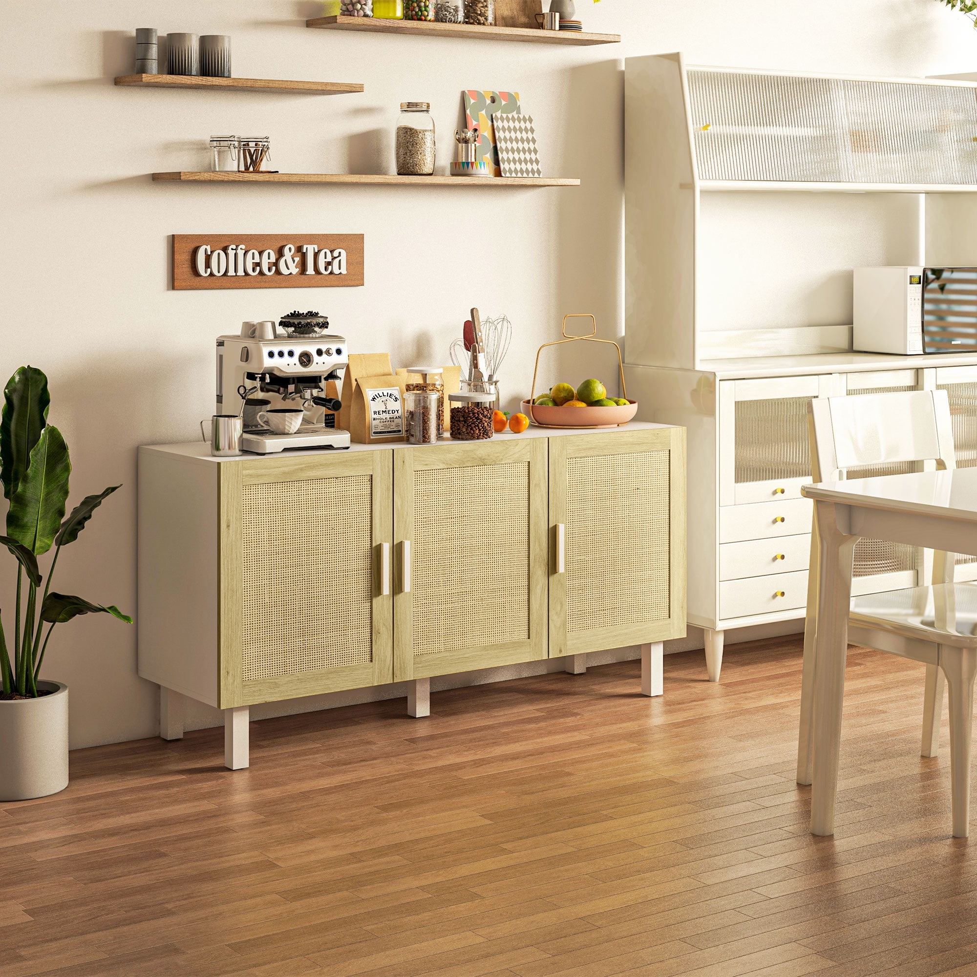White and Natural Rattan 3-Door Sideboard Buffet Cabinet