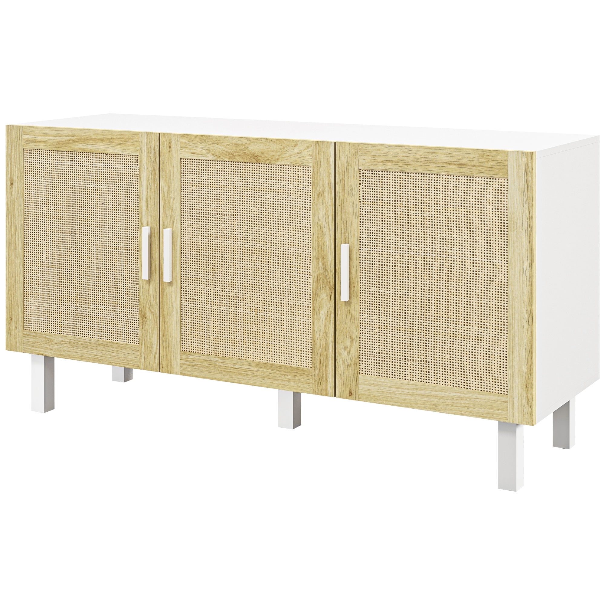 White and Natural Rattan 3-Door Sideboard Cabinet with Elevated Base