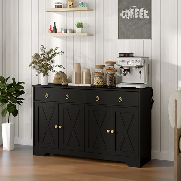 HOMCOM Sideboard Buffet Cabinet, Farmhouse Coffee Bar Cabinet with 2 Drawers and Barn Doors, Buffet Table with Adjustable Shelves, Black