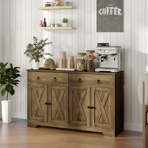 HOMCOM Sideboard Buffet Cabinet, Farmhouse Coffee Bar Cabinet with 2 Drawers and Barn Doors, Buffet Table with Adjustable Shelves, Light Brown
