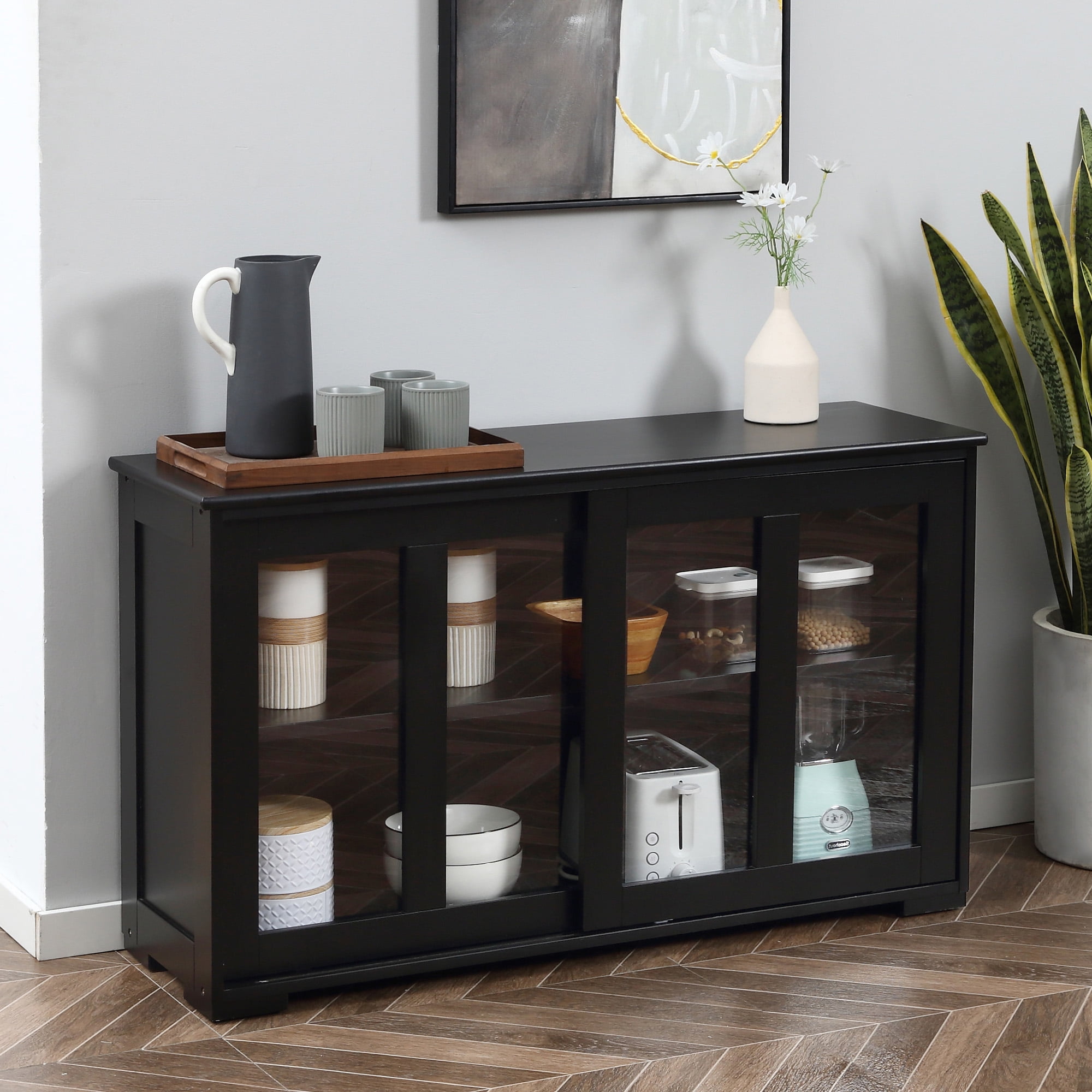 Modern Black Stackable Sideboard with Sliding Glass Door and Adjustable Shelf