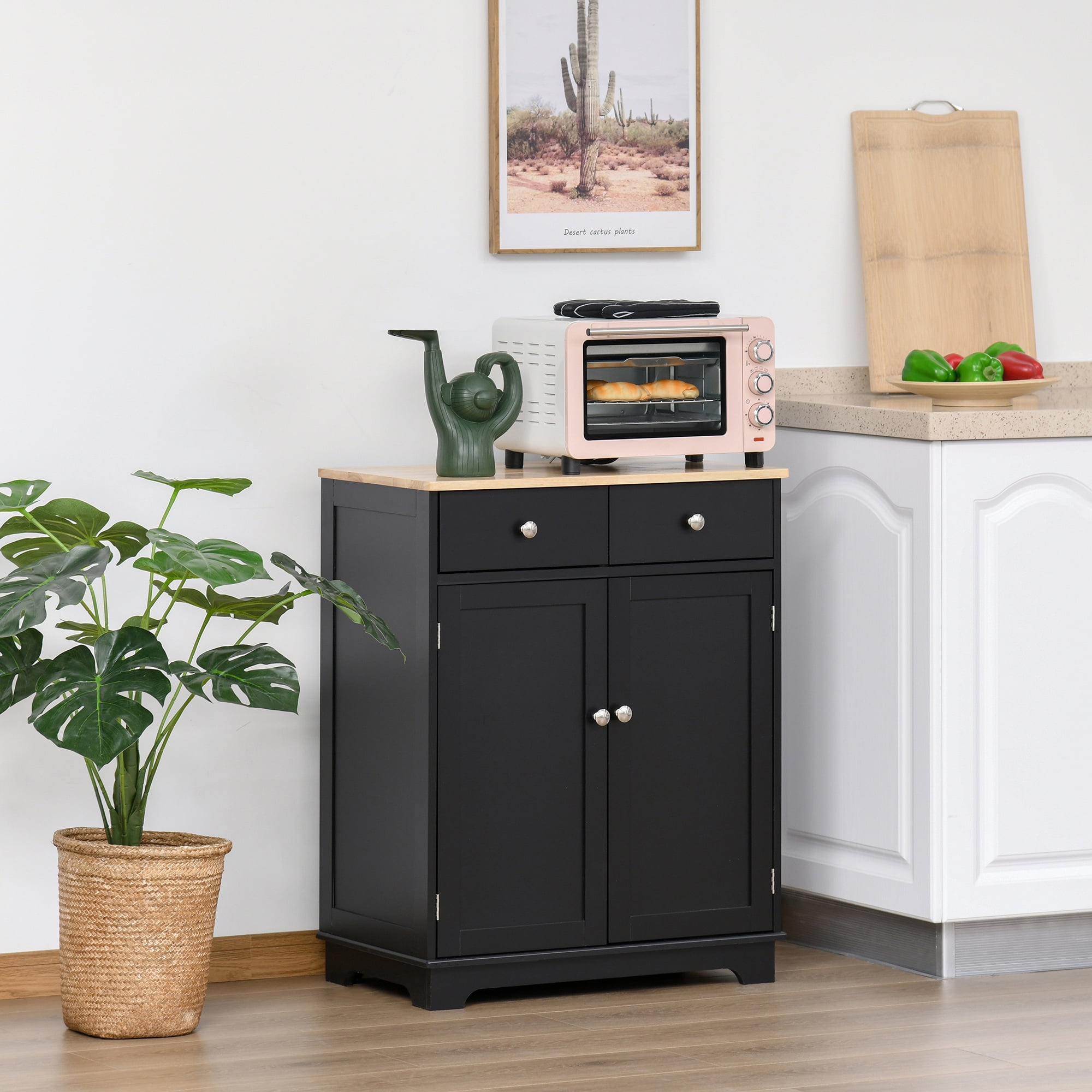 Black Solid Wood Countertop Kitchen Storage Cabinet with Drawers