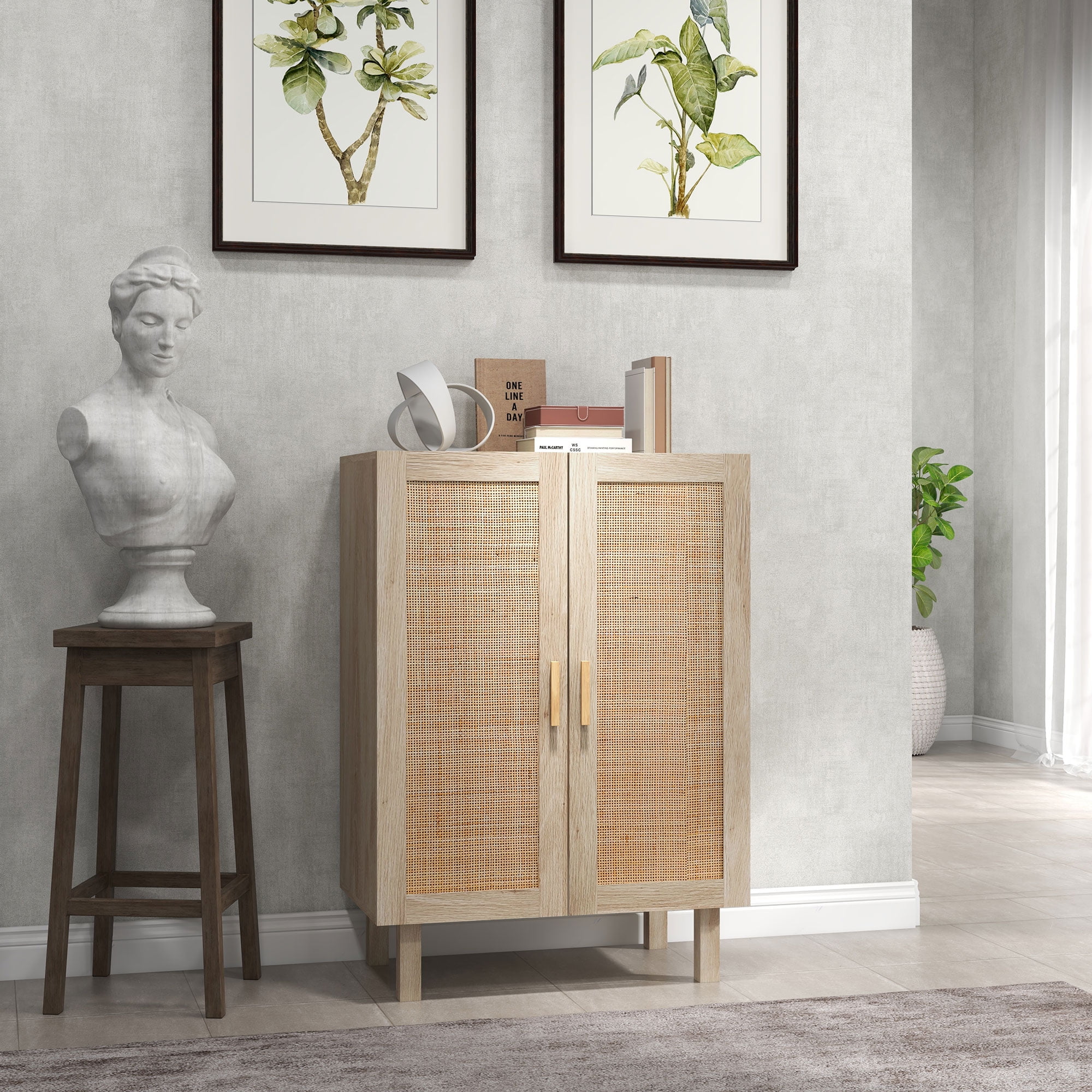Natural MDF Storage Cabinet with Rattan Doors and Adjustable Shelves