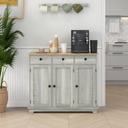 HOMCOM Kitchen Storage Cabinet, Sideboard Floor Cupboard with Solid Wood Top, Adjustable Shelf, and 3 Drawers for Living Room, Distressed Light Gray