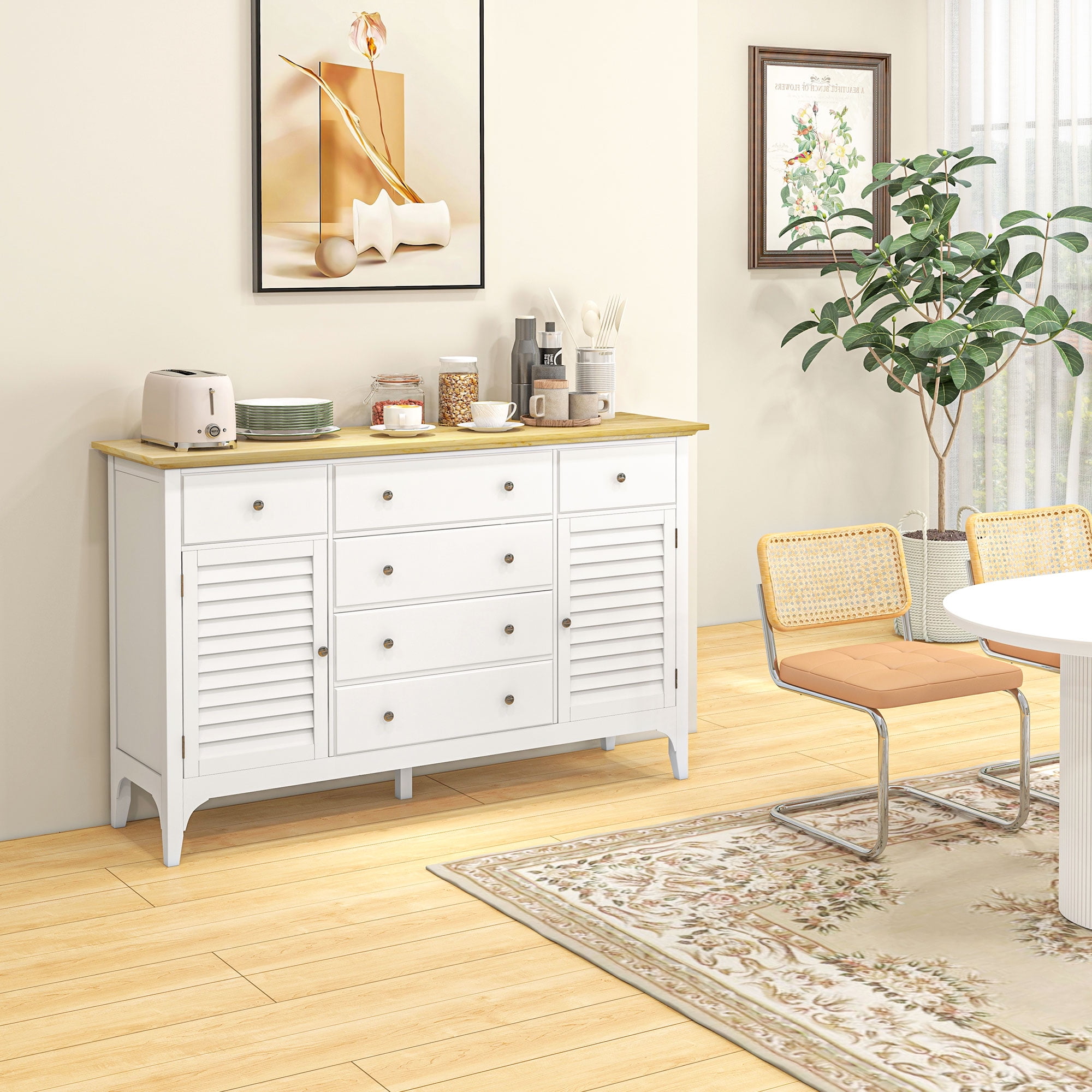 Modern White Sideboard Buffet with Adjustable Shelves and Rubberwood Top