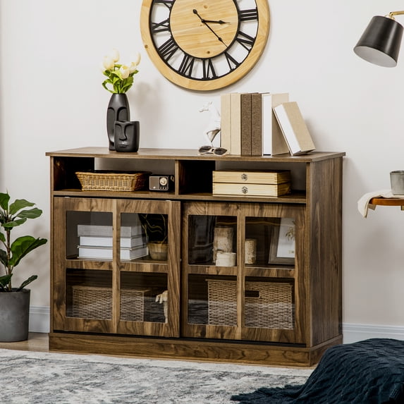 HOMCOM Sideboard Glass Door Buffet Cabinet, Walnut