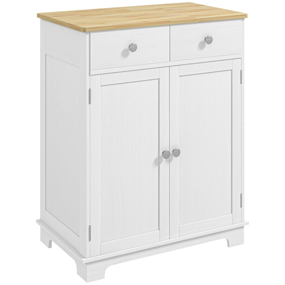 HOMCOM Sideboard with Solid Wood Countertop, Modern Kitchen Storage Cabinet, Coffee Bar Cabinet with 2 Drawers, Doors and Adjustable Shelf, Distressed White