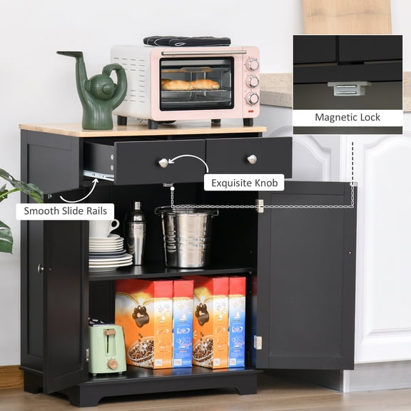 HOMCOM Sideboard with Solid Wood Countertop, Modern Kitchen Storage Cabinet, Coffee Bar Cabinet with 2 Drawers, Doors and Adjustable Shelf, Black