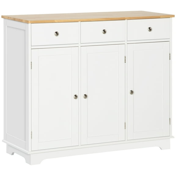 HOMCOM Sideboard with Solid Wood Countertop, Modern Kitchen Storage Cabinet, Coffee Bar Cabinet with 3 Drawers, Doors and Adjustable Shelf, White
