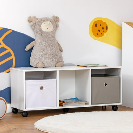 HOMCOM Simple 3 Cube Storage with Wheels, Hidden Pull-Out Toy Bin Kids Cube Storage Unit, Rolling Cubby Storage for Kids Room, Small Toy Storage Organizer Shelves, White