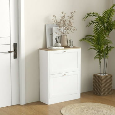 HOMCOM Slim Shoe Cabinet for Entryway, Modern Hidden Shoe Storage Cabinet with 2 Flip Drawers and Adjustable Shelves for 12 Pairs of Shoes, White