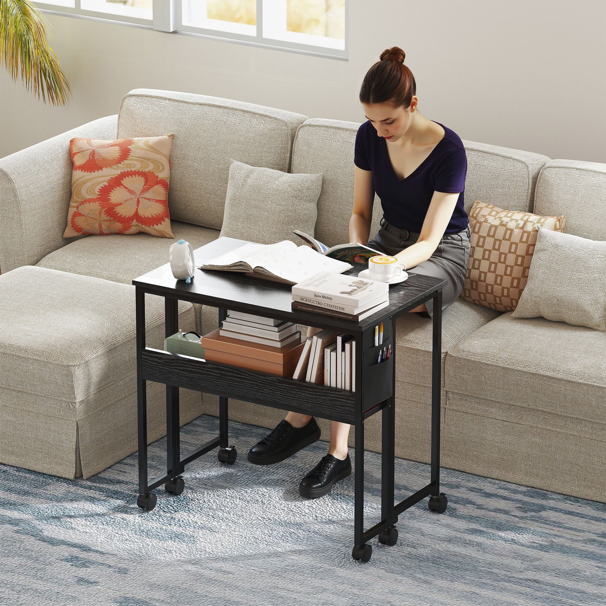 HOMCOM Small Folding Desk, 31.5" Foldable Computer Desk with Storage Bag, Shelf and Wheels for Small Spaces, Home Office, Easy Assembly, Black