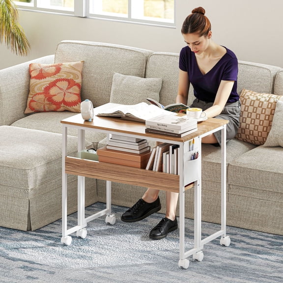 HOMCOM Small Folding Desk, 31.5" Foldable Computer Desk with Storage Bag, Shelf and Wheels for Small Spaces, Home Office, Easy Assembly, Natural Wood