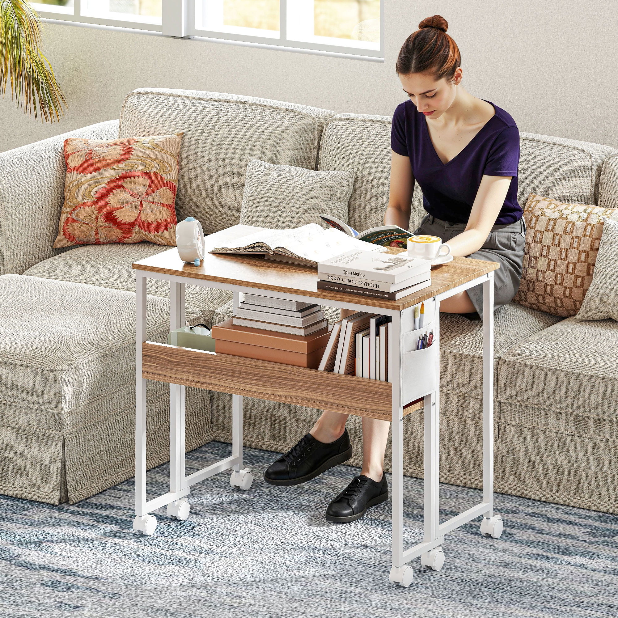 HOMCOM Small Folding Desk, 31.5" Foldable Computer Desk with Storage Bag, Shelf and Wheels for Small Spaces, Home Office, Easy Assembly, Natural Wood