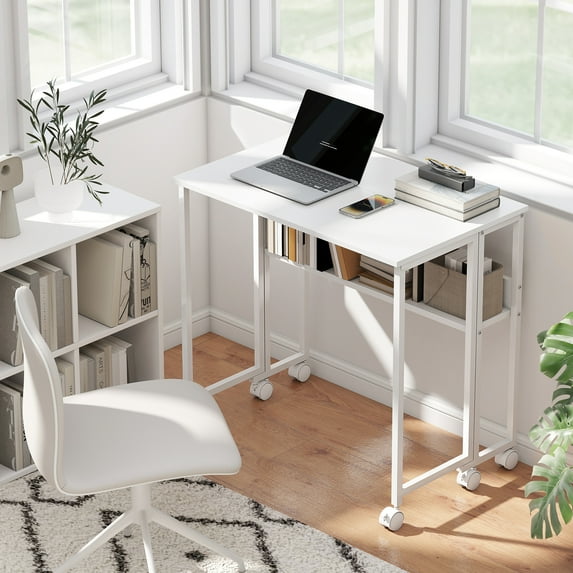 HOMCOM Small Folding Desk, 31.5" Foldable Computer Desk with Storage Bag, Shelf and Wheels for Small Spaces, Home Office, Easy Assembly, White