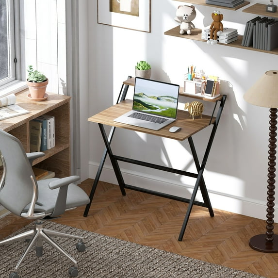 HOMCOM Small Folding Desk, 32" Foldable Computer Desk with Monitor Shelf, Writing Table for Small Spaces, Home Office, Study, Easy Assembly, Walnut