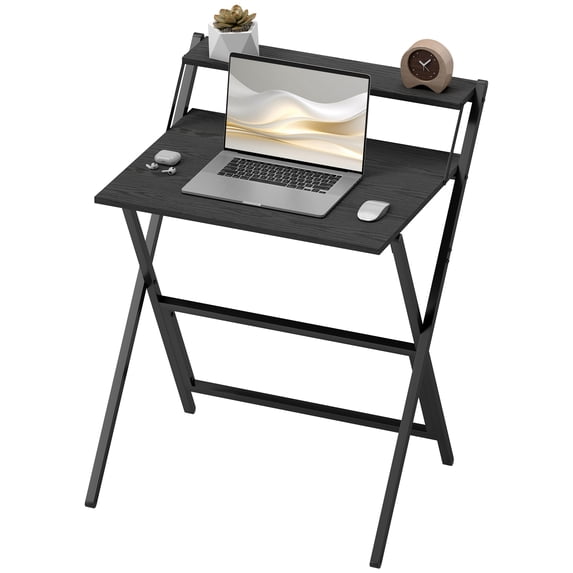 HOMCOM Small Folding Desk Foldable Computer Desk with Monitor Shelf Black