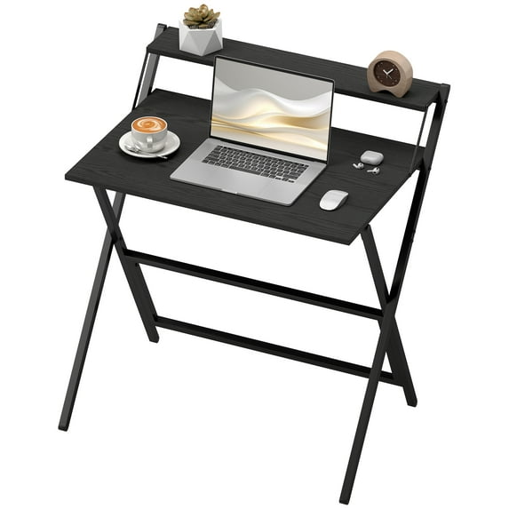 HOMCOM Small Folding Desk Foldable Computer Desk with Monitor Shelf Black