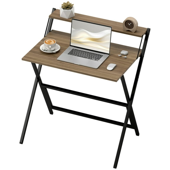 HOMCOM Small Folding Desk Foldable Computer Desk with Monitor Shelf Walnut