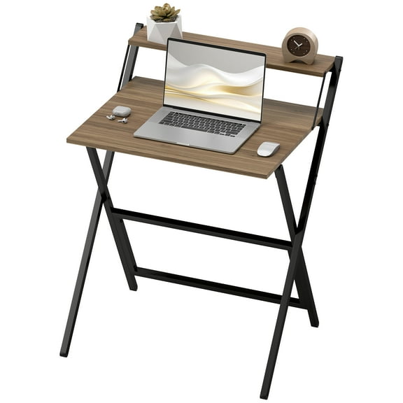 HOMCOM Small Folding Desk Foldable Computer Desk with Monitor Shelf Walnut