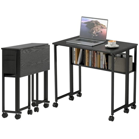 HOMCOM Small Folding Desk Foldable Computer Desk with Shelf Wheels Black