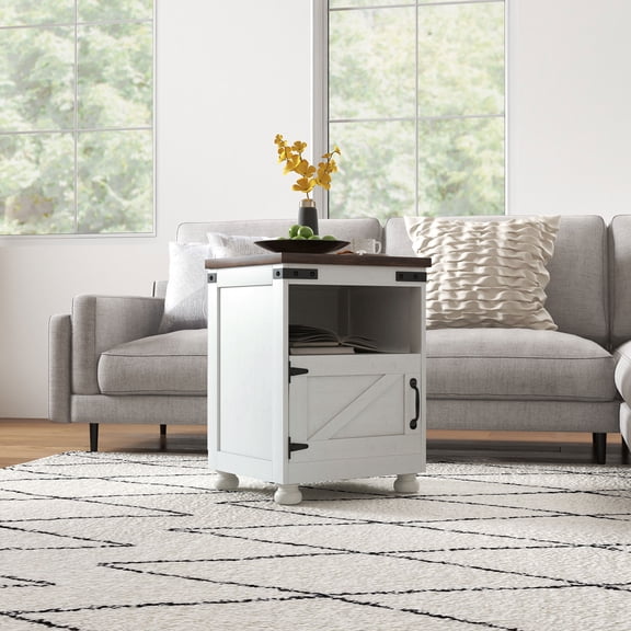 HOMCOM Small Side Table, Farmhouse End Table with Open Shelf and Cupboard, Modern Sofa Table with Wood Legs for Living Room, White