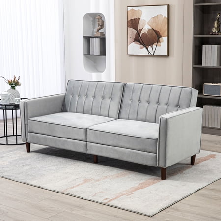 HOMCOM Sofa Bed w/ Reclining Split Back & Rubber Wood Legs, Light Gray