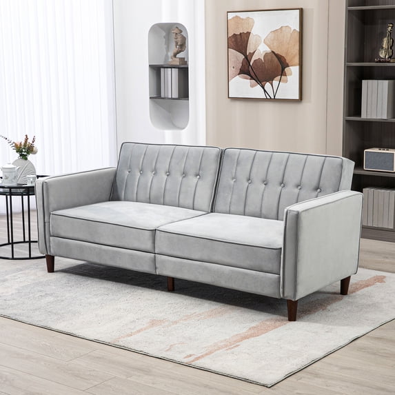 HOMCOM Sofa Bed w/ Reclining Split Back & Rubber Wood Legs, Light Gray