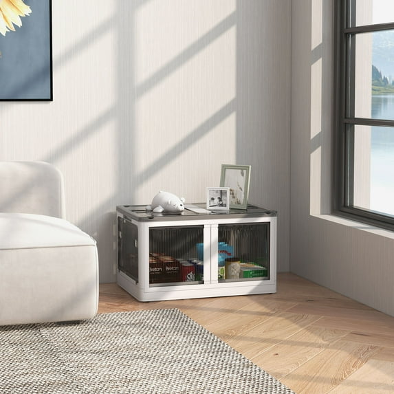 HOMCOM Collapsible Storage Bins with Lids and Wheels, Stackable Folding Storage Box for Bedroom, Living Room, Office, 18 Gal, White