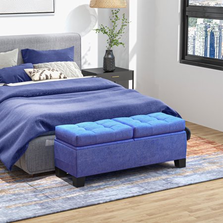 HOMCOM Storage End of Bed Bench, Upholstered Bench with Steel Frame, Blue