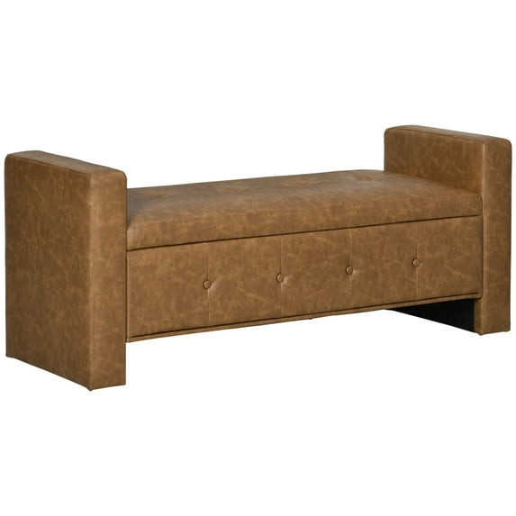 Homiyad Storage Ottoman Bench with Soft Closing Hinged Lid, Faux Leather Upholstered Bench with Button Tufted Design and Armrests for Living Room, Brown