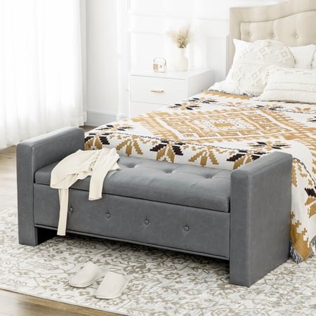 HOMCOM Storage Ottoman Bench with Soft Closing Hinged Lid, Faux Leather Upholstered Bench with Button Tufted Design and Armrests for Living Room, Gray