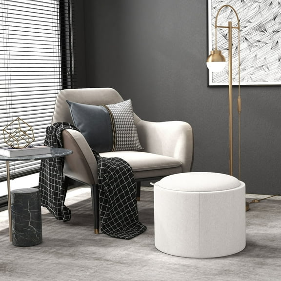 HOMCOM Storage Ottoman Coffee Table with Flip Top Tray and Hidden Space, Round Foot Stool with Linen-feel Fabric Upholstery, Cream White