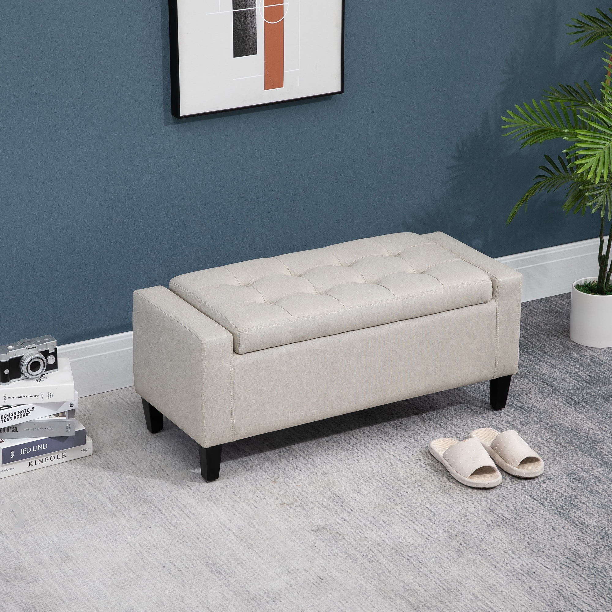 HOMCOM Classic Beige Linen Upholstered Storage Ottoman Bench