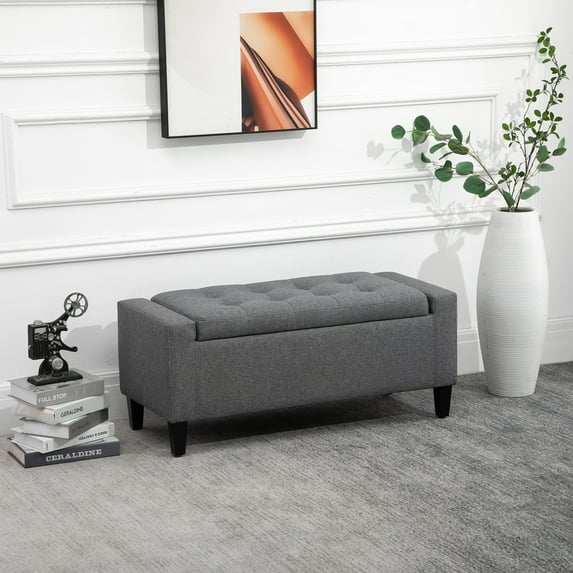 HOMCOM Storage Ottoman, Linen Upholstered Storage Bench with Lift Top and Button Tufted for Living Room, Gray