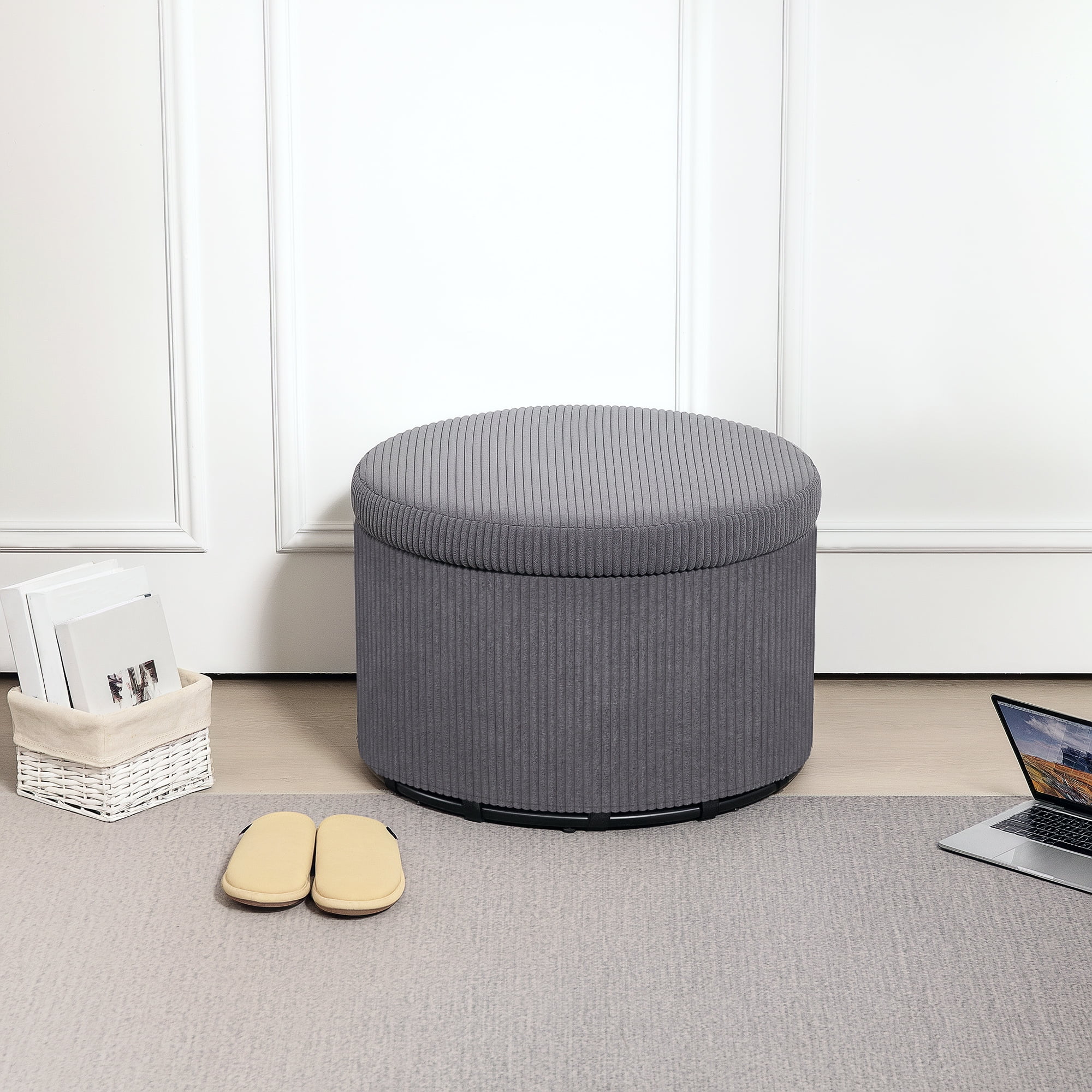 HOMCOM Storage Ottoman with Lid, 24 Inches Round Pouf Ottoman with ...