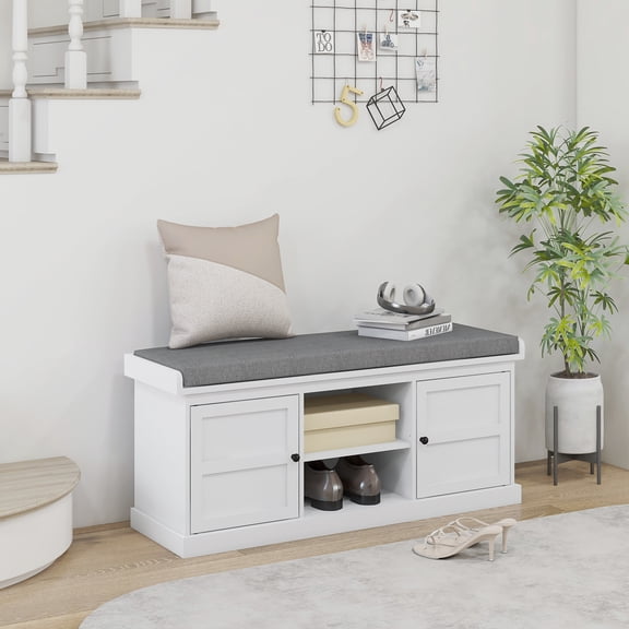 HOMCOM Shoe Bench with Cushion, Storage Bench for Entryway with Padded Seat, 2 Cabinets and Adjustable Shelf for Hallway, Living Room, Bedroom, White
